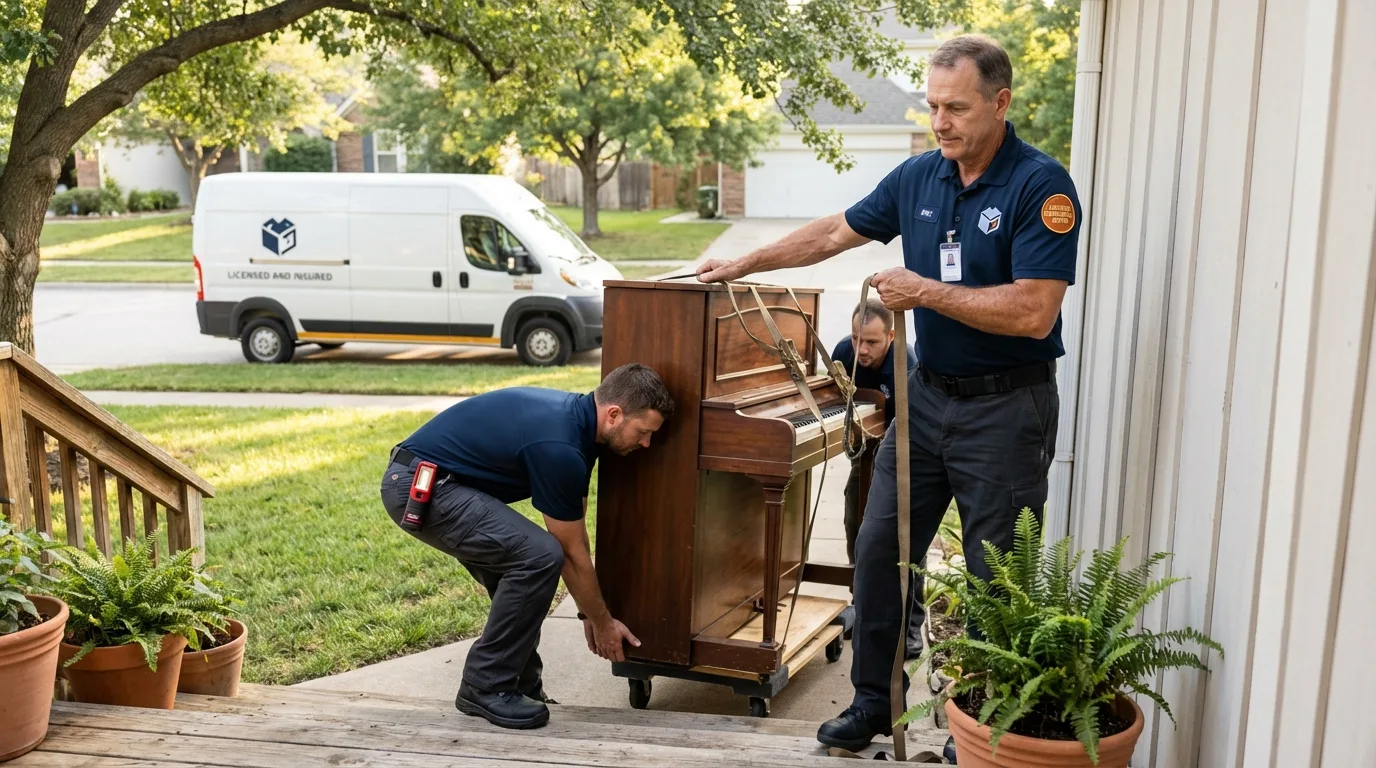 Licensed piano movers securing grand piano in Peabody, MA