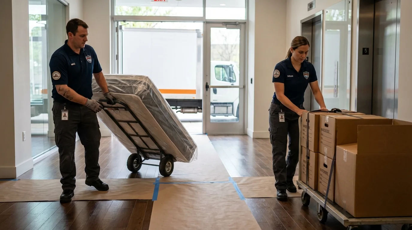 Professional apartment movers loading elevator in Peabody, MA
