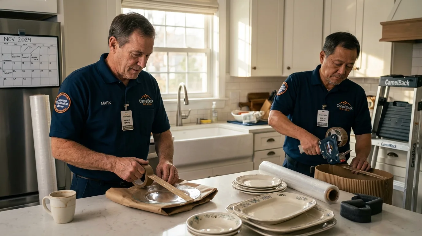 Professional crew packing kitchen dishware in Peabody, MA